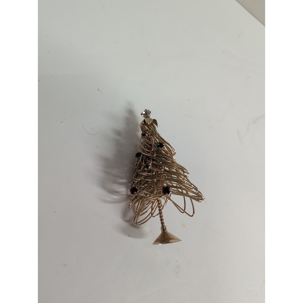 Christmas Tree Brooch Pin Gold Tone Multicolored Crystal Stunning Wire Vintage